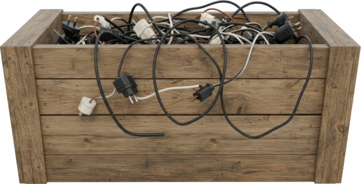 Tangled Electrical Cords and Plugs in Rustic Wooden Crate Recycling Concept