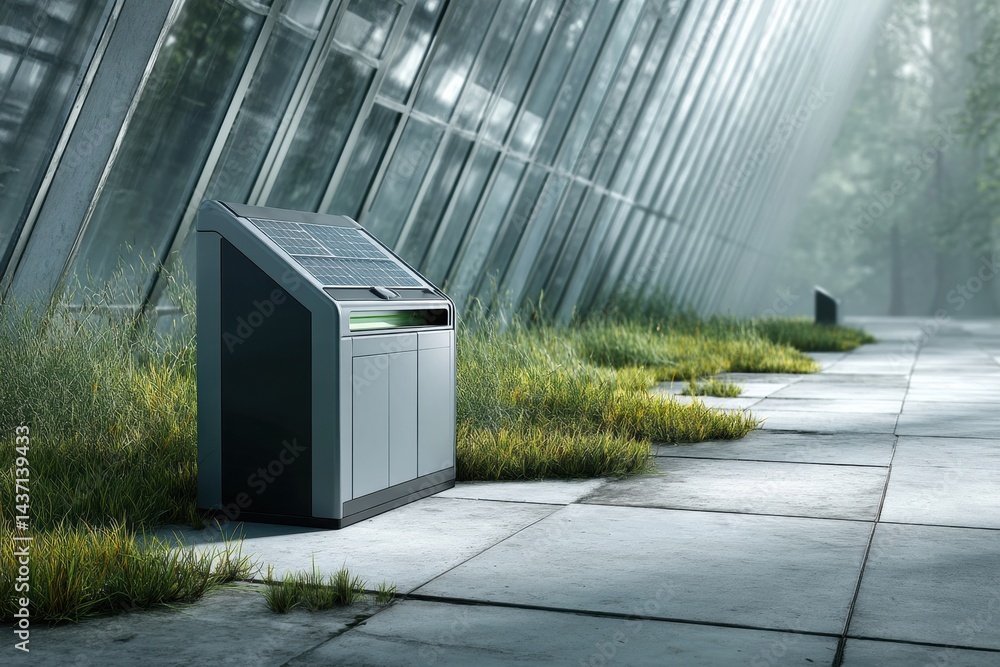 Aufkleber garbage bin with solar-powered compactor in modern eco-friendly environment surrounded by greenery