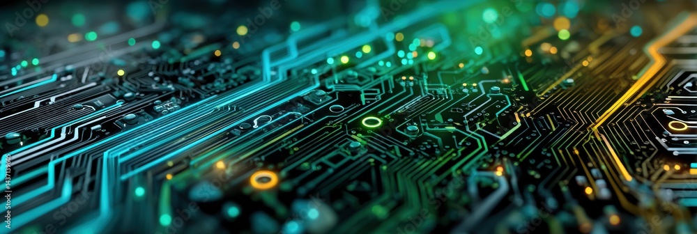 Poster Minimal Computer Circuit Board Design Featuring Blue and Green Neon Elements Displayed From a Flat Perspective Showcasing Intricate Detailing