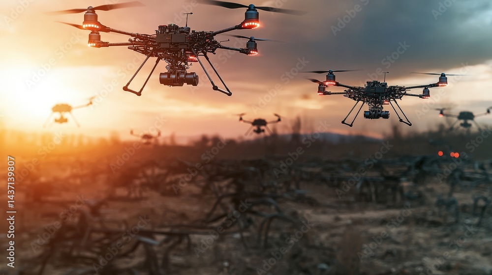 Poster ai-controlled drones hovering over a post-apocalyptic landscape futuristic scene industrial zone aer