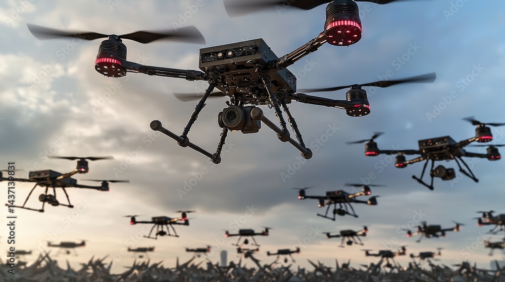 Poster Ai-controlled drones hovering over industrial landscape futuristic scene aerial view technology concept