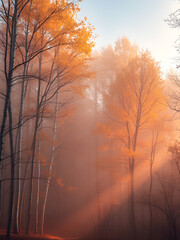 Obraz premium Aspens glowing with warm golden light in the morning fog, misty forest, natural wonder, aspen grove