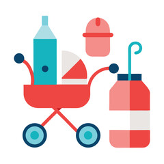 Isolated vector illustration shows a cartoon baby carriage stroller, a cute transport icon with wheels