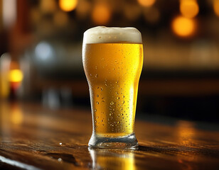 바 위에 놓인 시원한 맥주가 담긴 유리잔