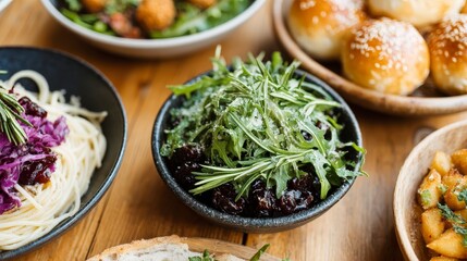 Delicious Food Platter  Gourmet Salad  Pasta  Bread  Roasted Potatoes