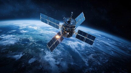 Satellite observing earth space digital art cosmic environment aerial view symbolism of readiness