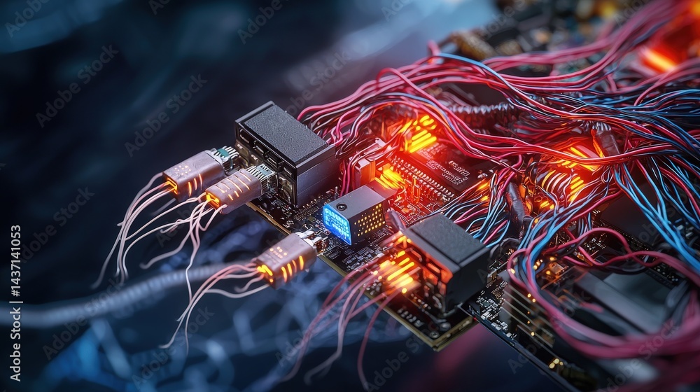 Poster Tangled wires and glowing devices in a high-tech environment close-up view of modern technology