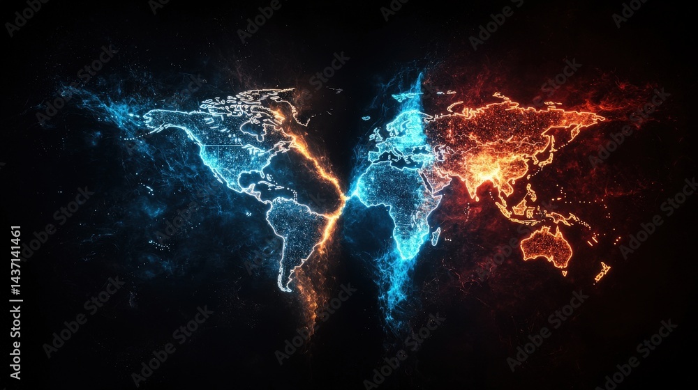 Aufkleber glowing world map split in half digital art futuristic environment conceptual viewpoint