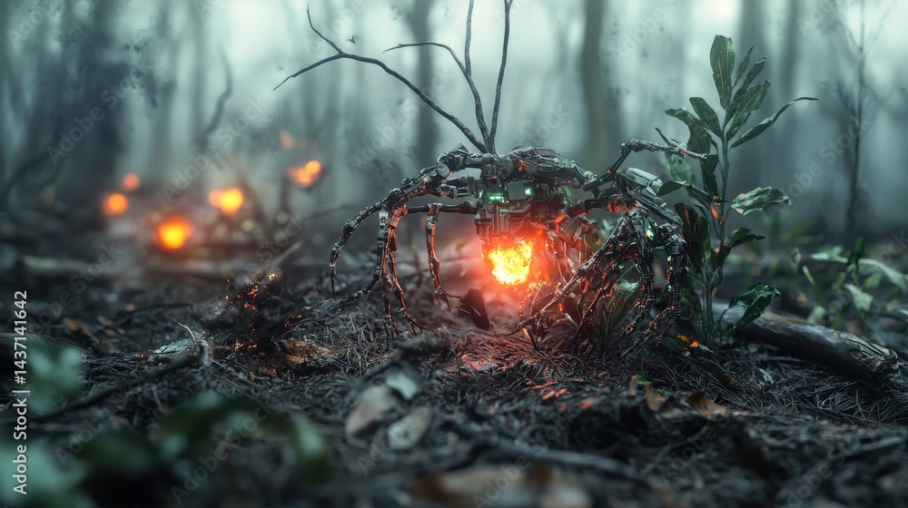 Poster Ai-driven battlefield strategies unleashed in enchanted forest digital art fantasy realm close-up futuristic warfare