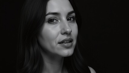 Fototapeta premium Close-up portrait of a young woman with a contemplative expression on a black background, ideal for marketing campaigns, website hero images, and corporate presentations with copy space for text