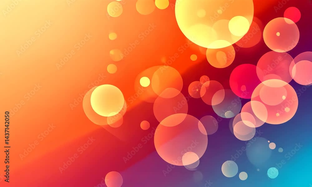 Poster abstract bokeh circles floating in gradient sunlight background with orange, red, and blue tones and