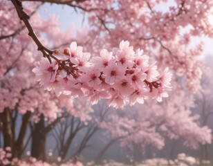 Naklejka premium Soft pink sakura petals in gentle descent, showcasing the blurred beauty of the sakura tree behind , petals, cherry, nature scene