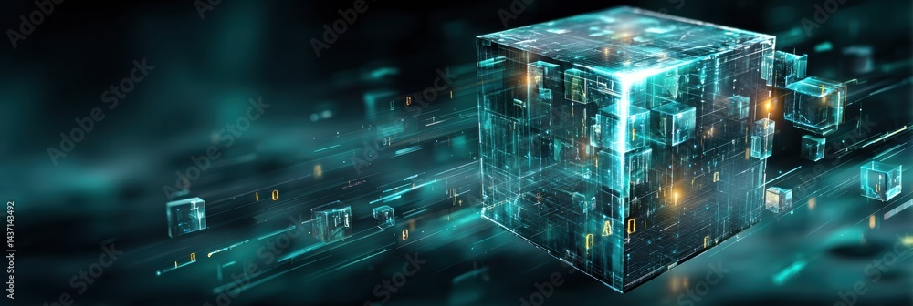 Aufkleber Floating Cube With Rotating AI Icons and Digital Code Creates a Futuristic Atmosphere in a Virtual Landscape
