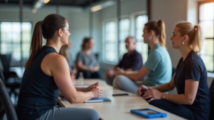 Corporate wellness workshop focusing on fitness, Employee participation in health and fitness seminar, Enhancing workplace wellness and productivity