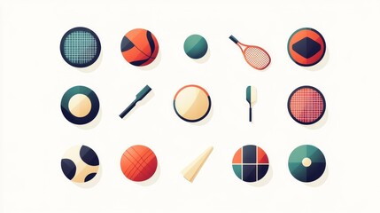 Obraz premium Sports equipment icons; balls, rackets, bats; white background; website design