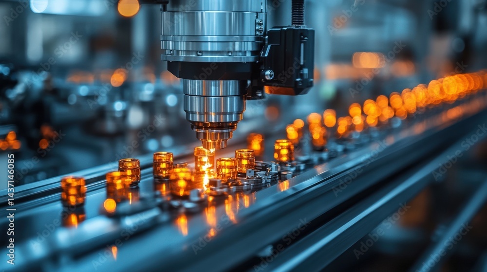 Aufkleber industrial laser cutting machine operating on an assembly line with glowing components in background