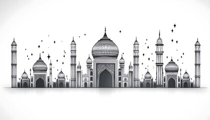 Fototapeta premium Elegant grayscale cityscape of mosques and minarets under a starry sky