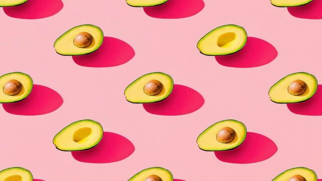 Avocado halves pattern on a pink background with vibrant shadows. Fresh avocado halves arranged in a repeating pattern, healthy fruit concept.