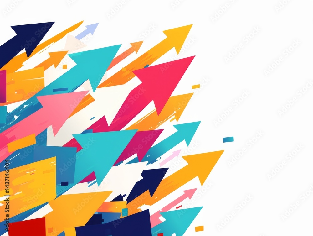 Aufkleber multiple colorful arrows pointing in one direction with large empty space for emphasis on white back