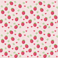 Seamless vector pattern with red strawberries and heart shapes, suitable for wallpaper backgrounds or wrapping paper.