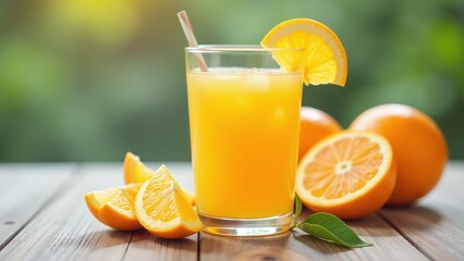 Fototapeta premium Orange juice with citrus slices on breakfast table, Healthy morning beverage with fresh fruit, Light and vibrant breakfast scene