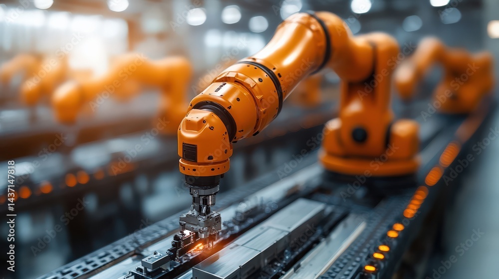 Poster industrial robotic automation arm working on a production line enhancing efficiency and precision