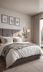 Spacious contemporary bedroom suite; plush bedding, large windows, built-in shelving , wardrobe, decor, elegant decor