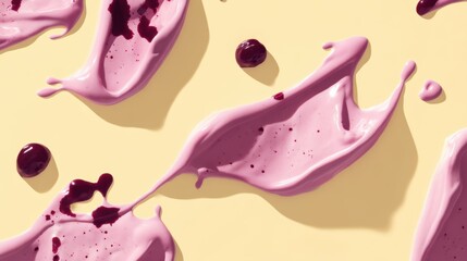 Creative Arrangement of Pink and Purple Paint Drops on a Yellow Surface for Abstract Art