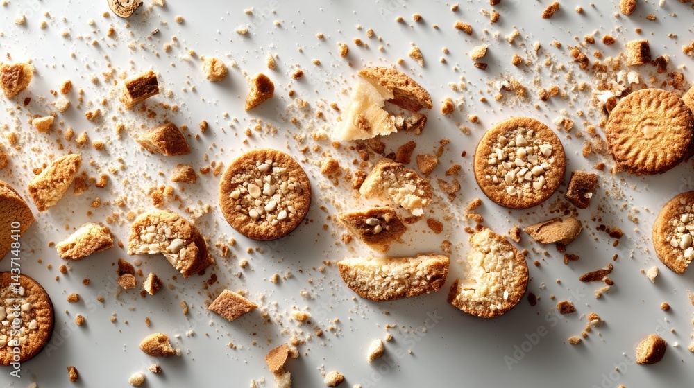 Poster Broken Cookies Scattered Across a Flat Surface With Crumbs Creating Intricate Patterns in Bright Natural Light