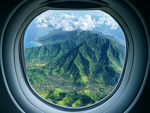 Fototapeta Aerial view of lush green mountains meeting ocean coast, seen through airplane window