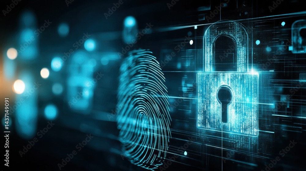 Aufkleber Holographic Padlock and Fingerprint Icon Symbolizing Advanced Cyber Security Technology in a Digital Landscape
