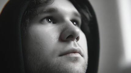Fototapeta premium Thoughtful Man in Hoodie Black and White Portrait Unreal Engine Render