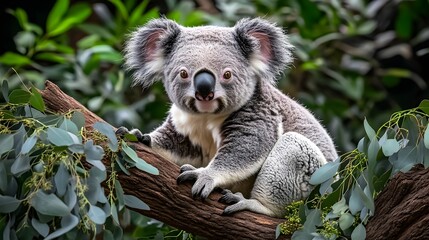 Obraz premium Expressive Bear with Large Eyes Sitting on a Tree Branch