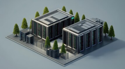 Modern Data Center with Server Racks and Greenery in Isometric View, Technological Infrastructure for Cloud Computing and Data Storage Solutions