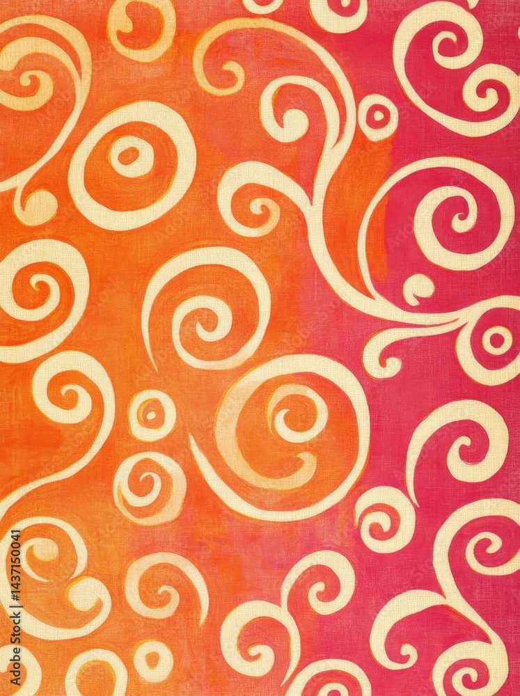 Poster pink background with peachy orange swirls, thick lines, and simple shapes in a block print style.