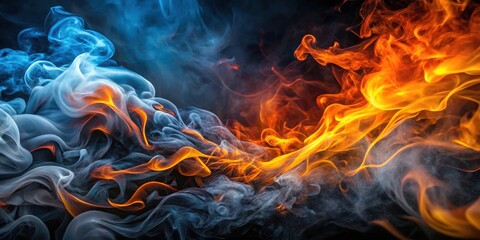 Abstract fiery and smoky swirls, a captivating blend of vibrant orange flames and cool blue smoke