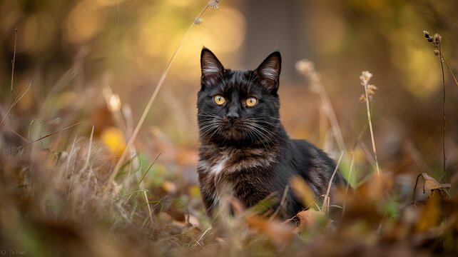 A sleek black cat with striking yellow eyes sits amidst autumn foliage in a soft, natural setting