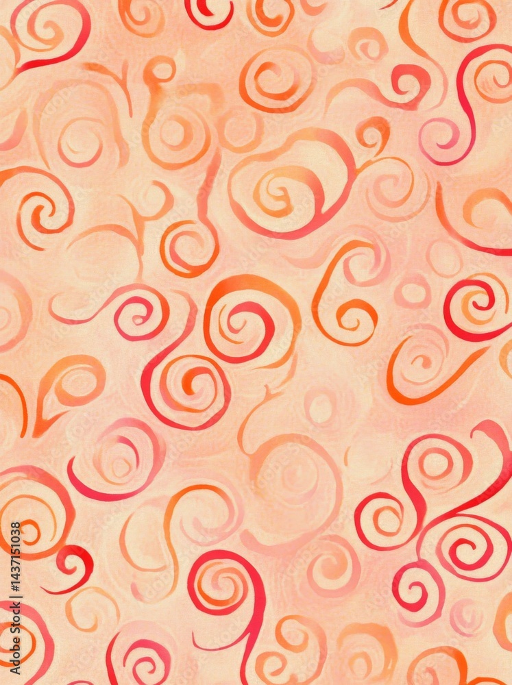 Poster pink background with peachy orange swirls, thick lines, and simple shapes in a block print style.