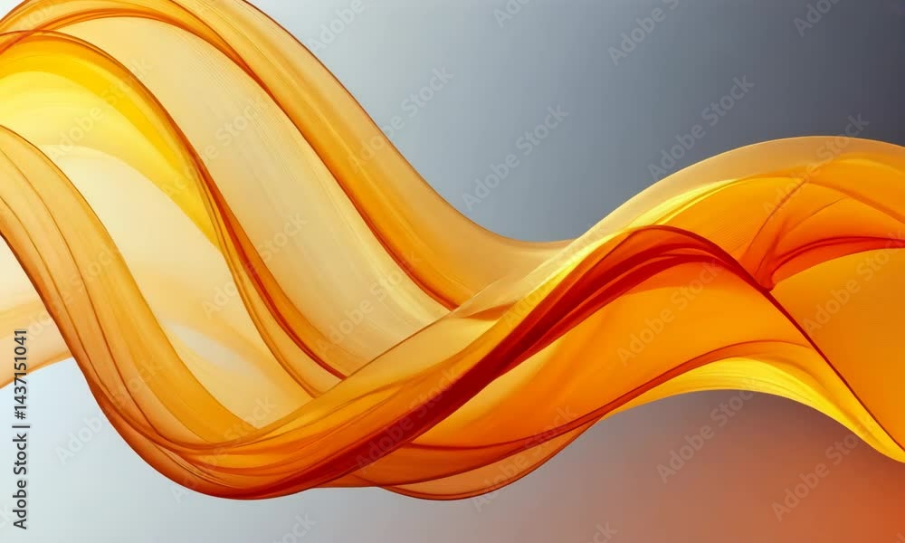 Poster abstract fluid design with flowing fabric in warm orange and yellow hues against a soft gray backdro