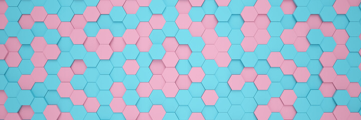 3d rendering of hexagons in blue and pink color - abstract background - wallpaper - backdrop.