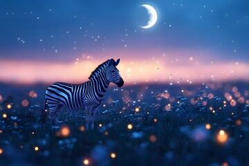 A zebra standing in a field under a crescent moon and a sky filled with twinkling stars at dusk