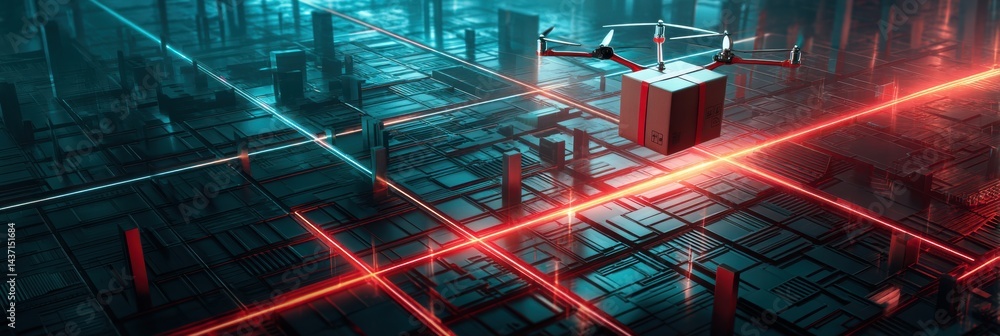 Aufkleber futuristic drone delivers package over neon grid city while traversing glowing pathways in a high-te