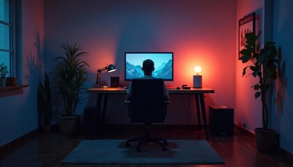 Fototapeta premium Empty chair at desk facing computer, room dimly lit, privacy, shadowy