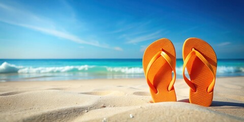 Summer vacation awaits a pair of bright orange sandals rests on a pristine, sun-drenched beach beside a calm, azure ocean.