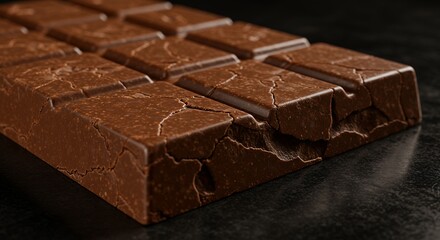 Professional dark food photography showcasing artisanal chocolate bar cracked textured design arranged on rich surface dramatic lighting emphasizing gourmet dessert quality indulgent confectionery