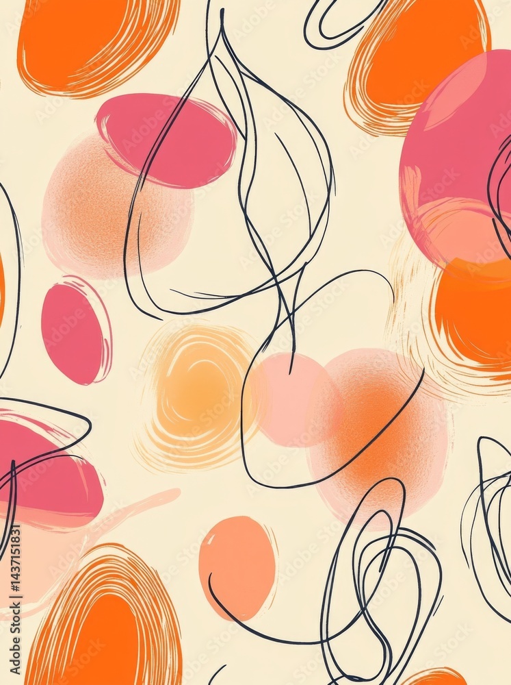 Poster pink background with peachy orange swirls, thick lines, and simple shapes in a block print style.