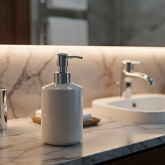 White Ceramic Soap Dispenser on Marble Bathroom Counter with Sink