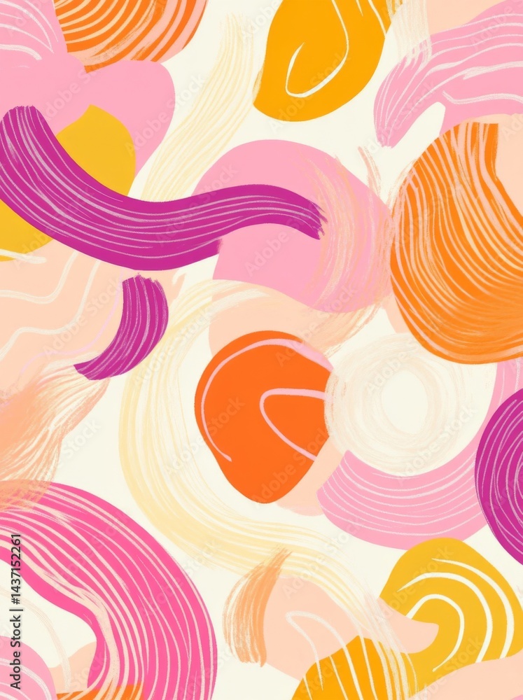 Poster pink background with peachy orange swirls, thick lines, and simple shapes in a block print style.