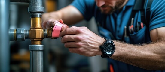 Plumber working on copper pipes in a workshop