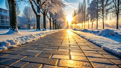 Sunlit Winter Pathway Snow-covered brick walkway leading towards a vibrant sunrise through a line of snow-dusted trees.